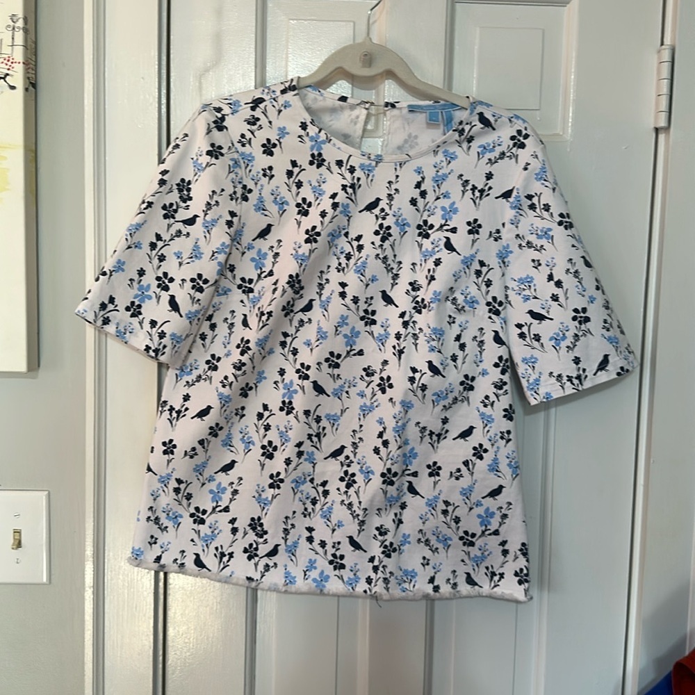 Draper James White and blue jean material with fringe at the bottom size 8